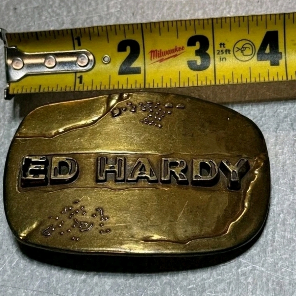 Rare Unique Engraved Back ED HARDY By Christian Audigler Heavy Brass Belt Buckle